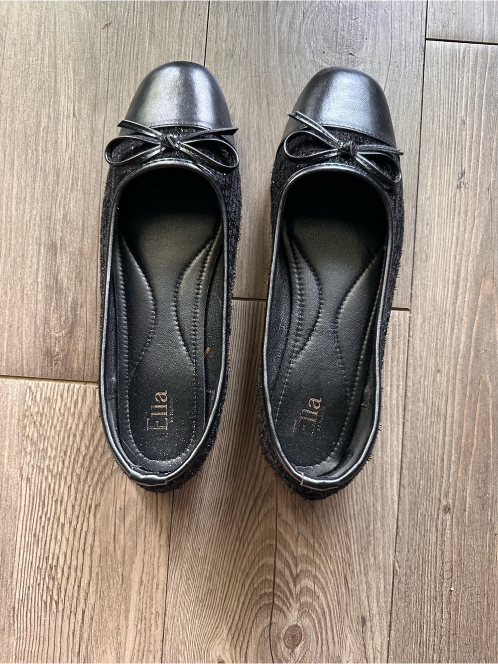 Black Bow Tweed Ballet Flats with Quilted Insole